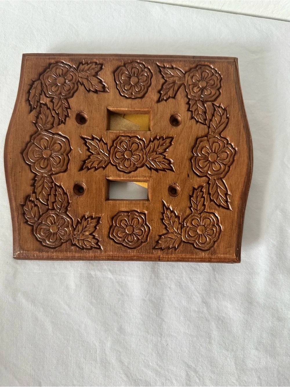 Hand-Carved Floral Double Toggle Wall Plate Cover - Brown with screws